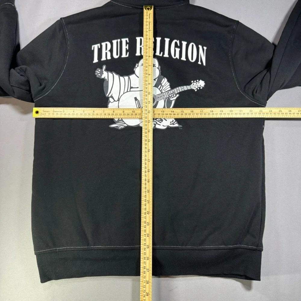 True Religion Mens Black Sherpa Lined Full Zip Hoodie Buddha Guitar Large L